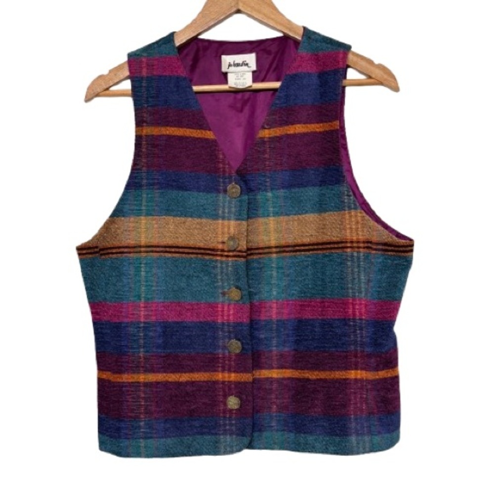 Vintage Jo Hardin Multi Color Striped Satin Lined Tapestry Style Vest Size 10